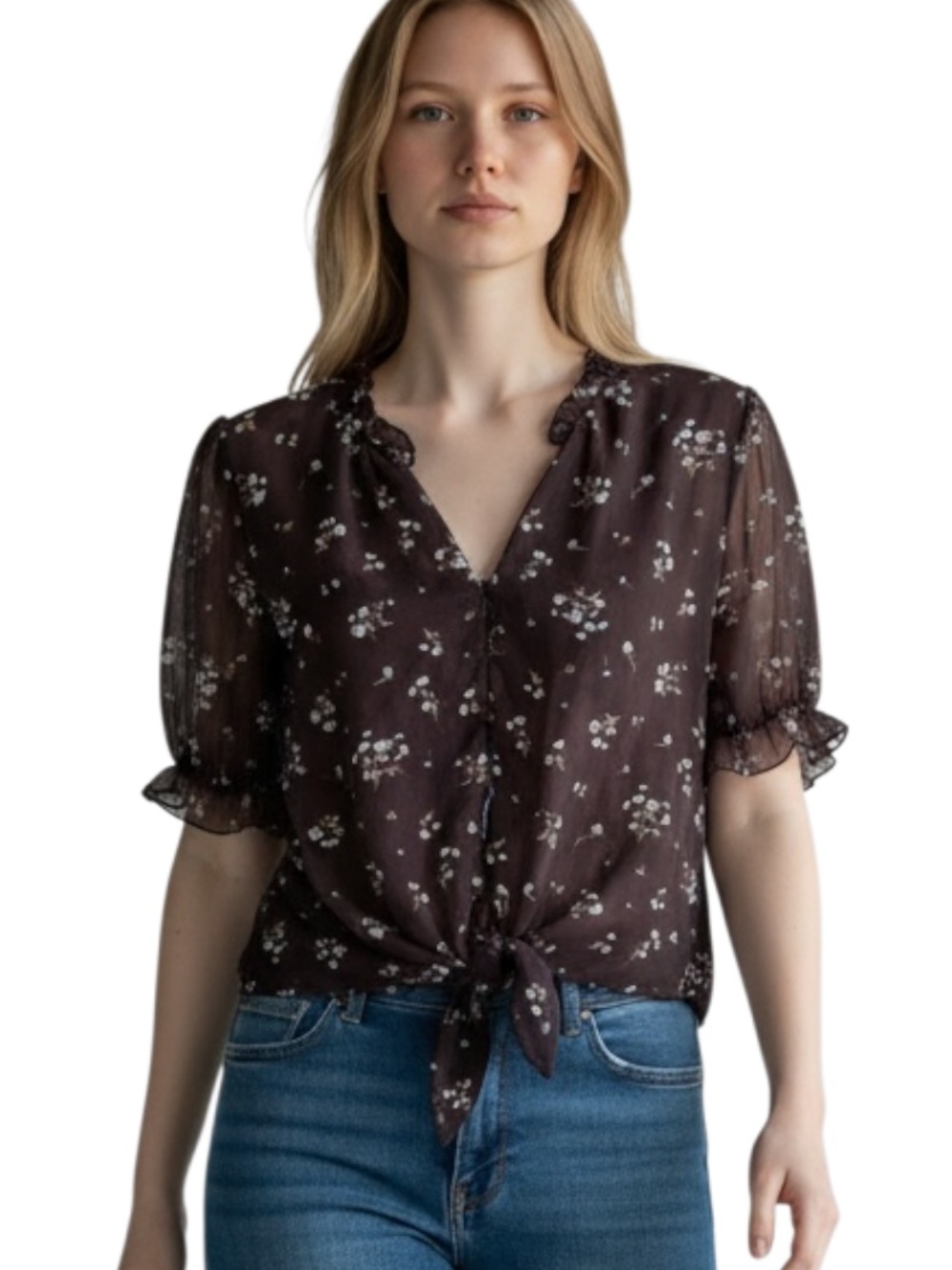 Tamara H Brown Floral Tie-Front Ruffle-Sleeve Blouse